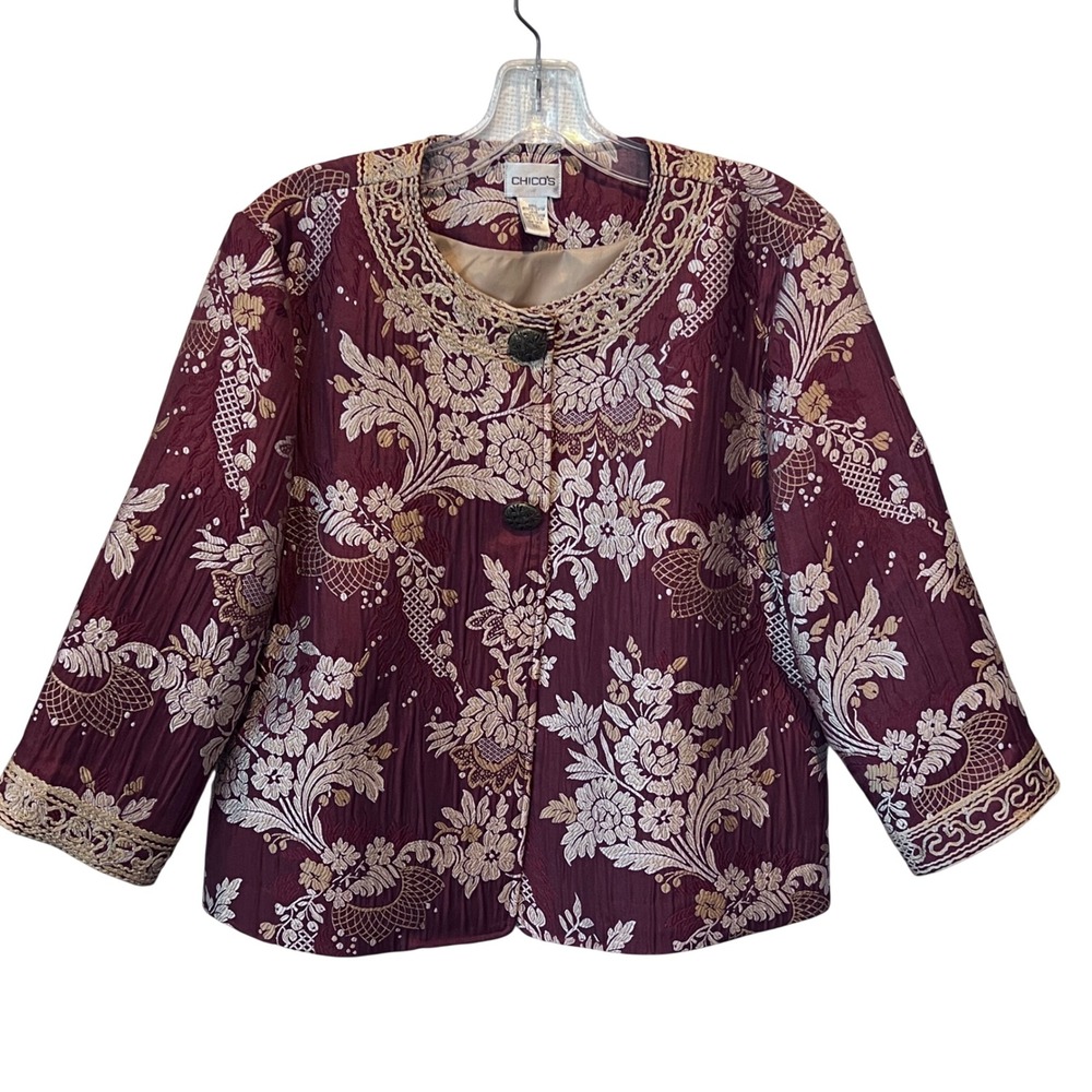 Chicos Burgundy Gold Floral Tapestry Jacket Filigree Button Size 1 Medium